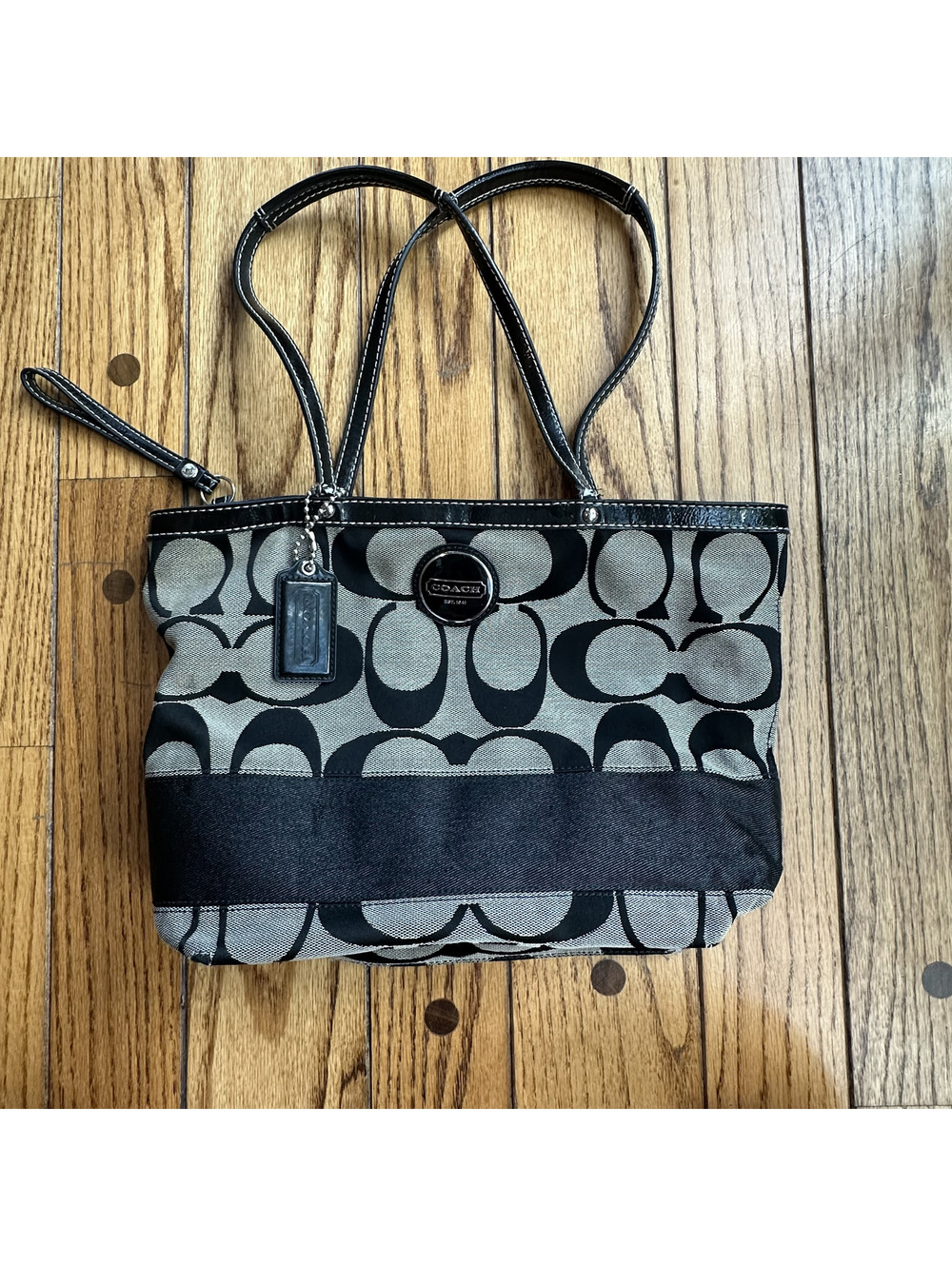 Vintage Coach Signature Canvas Tote Bag Black Leather Trim